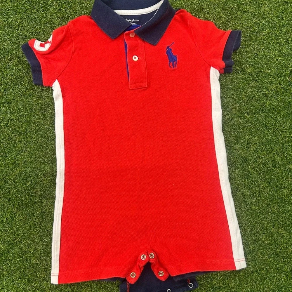 Polo Ralph Lauren Baby Boy Red Navy Blue Polo Romper One Piece 24M Sporty‎ Snap